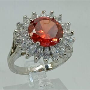 Vintage Ring Size 6.5 Silver Tone White Gold GP Orange CZ Cluster Cocktail NOS